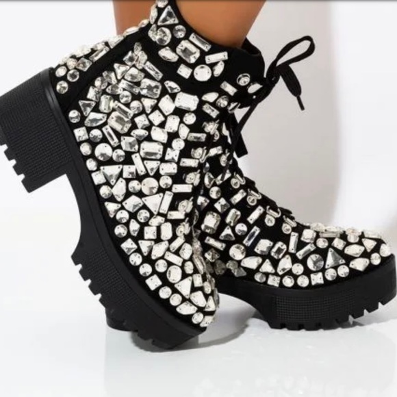 Akira Azalea Wang Tryna Black Lace-up Crystallized Gems Bootie 7 - Picture 3 of 13